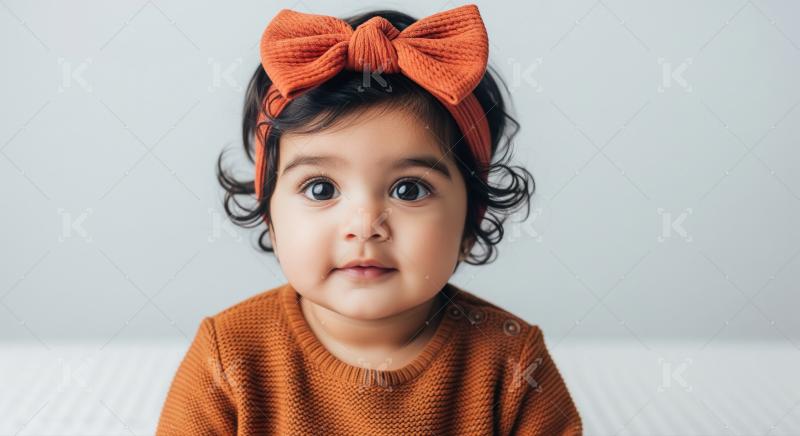 Adorable Baby Girl Wearing Orange Bow Headband and Sweater