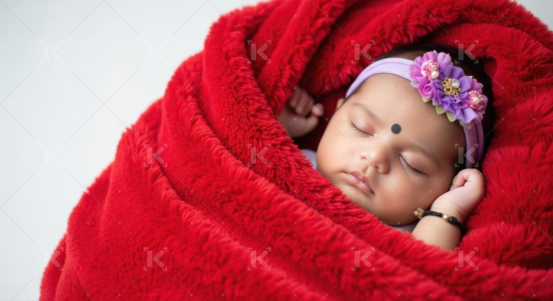 Peaceful Newborn Baby Girl Sleeping Soundly in Red Blanket