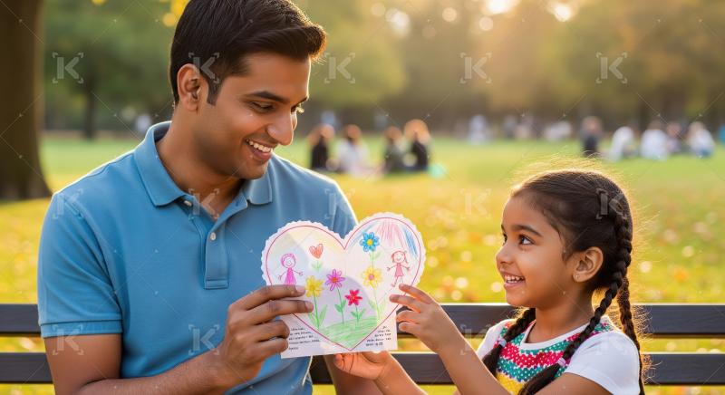 Smiling Father Daughter Appreciating Hand-Drawn Heart Card Outdo