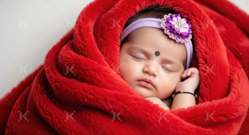 Peaceful Indian Baby Girl Sleeping in Soft Red Blanket