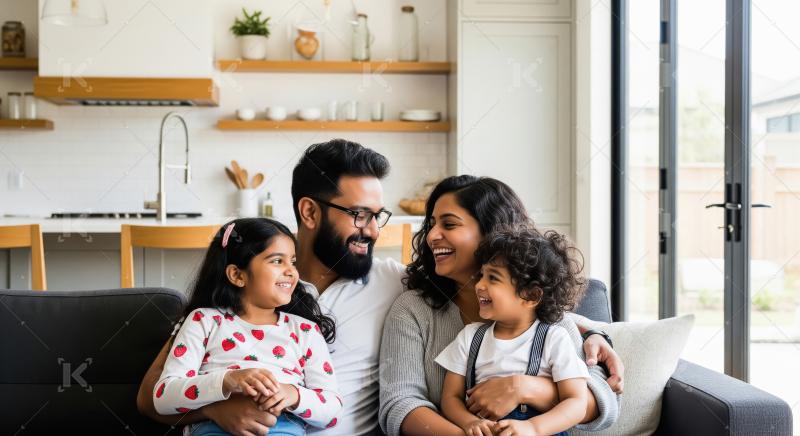 Happy Indian family enjoys quality time on modern sofa
