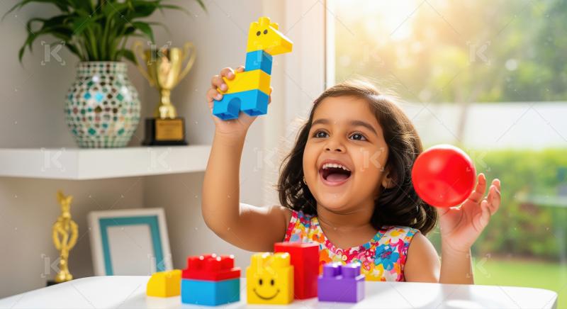 Joyful Indian Girl Playing with Colorful Building Blocks