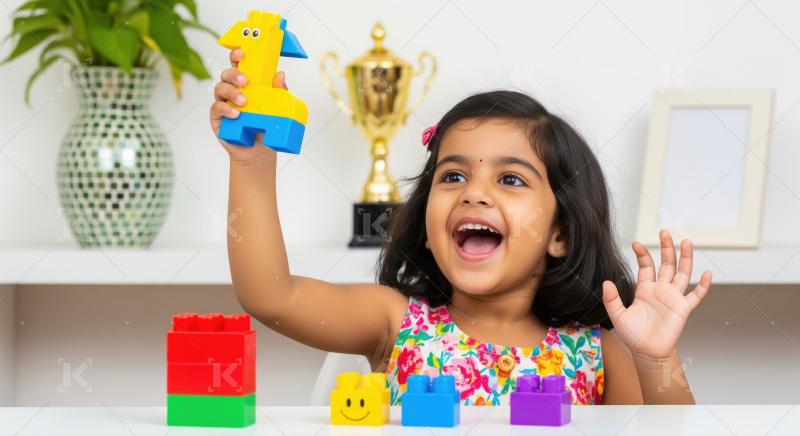 Happy Indian Child Playing with Colorful Building Blocks