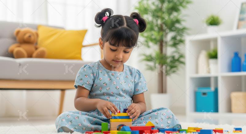 Happy little girl playing with colorful wooden blocks