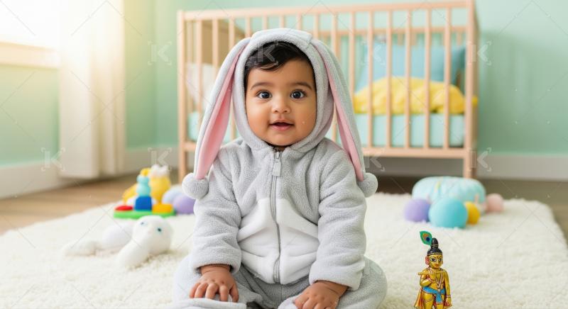Adorable Baby in Bunny Costume Playing in Nursery