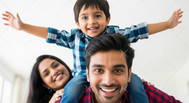 Happy Indian Family Smiling Together with Son on Shoulders