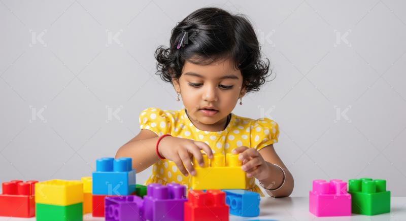 Cute Indian Girl Playing with Colorful Building Blocks