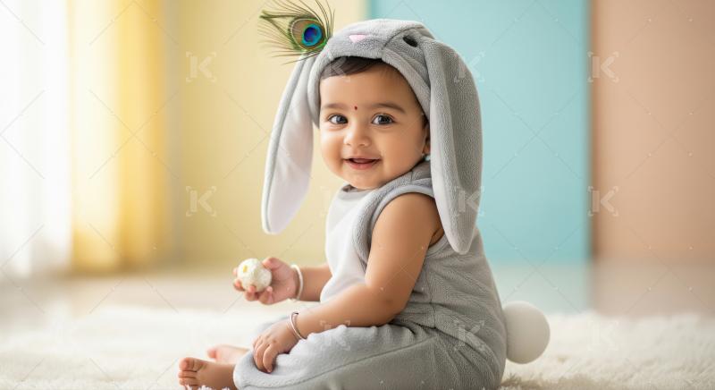 Adorable Indian Baby in Bunny Costume with Peacock Feather