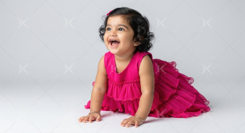 Adorable Indian Baby Girl Smiling in Vibrant Pink Dress