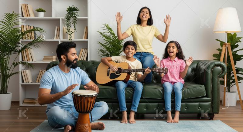Happy Indian Family Making Music Together at Home