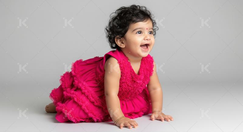 Joyful Indian Baby Girl Laughing in Bright Pink Dress