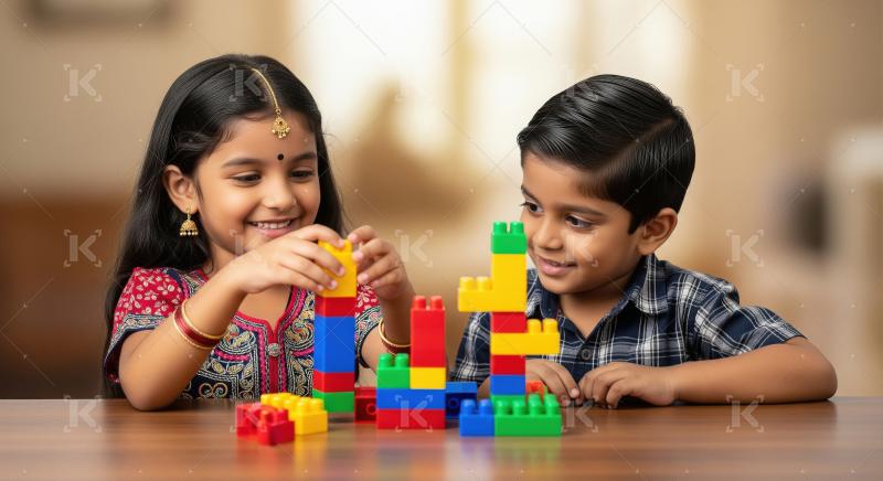Happy Indian Children Playing with Colorful Building Blocks Toge