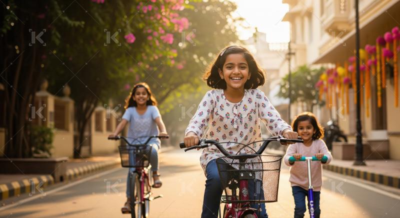 Joyful Indian Girls Riding Bikes and Scooter on Sunny Street