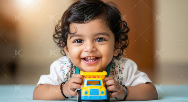 Happy Indian Baby Playing with Colorful Toy Truck