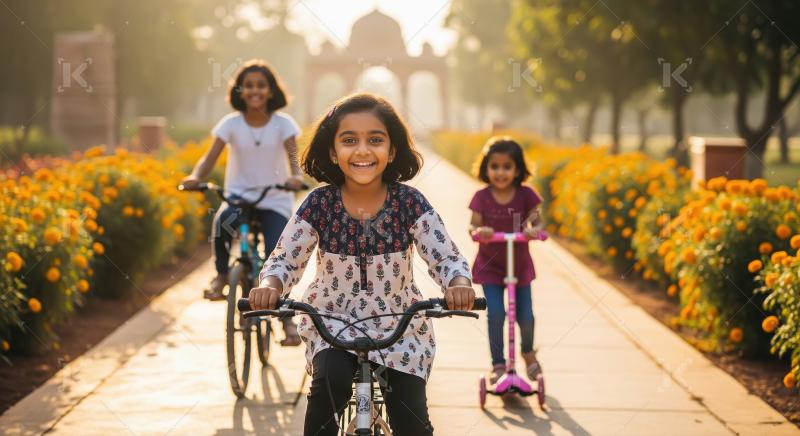 Happy Indian girls cycling and scooting in sunny park.