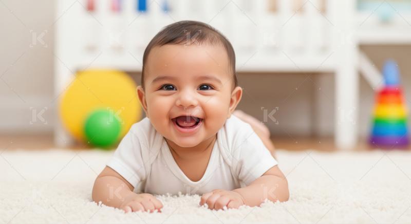 Happy Adorable Baby Smiling During Tummy Time on Soft Rug