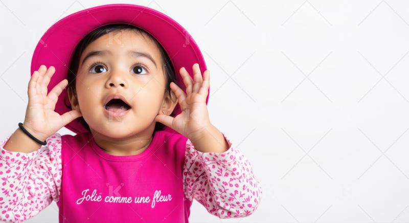 Cute baby girl in pink hat looking up, surprised.