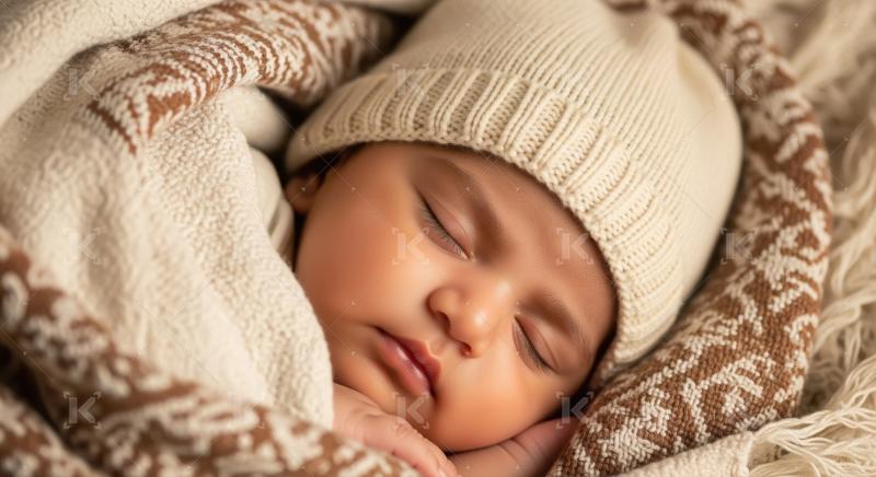 Newborn baby peacefully sleeping, wrapped in cozy knitted blanke