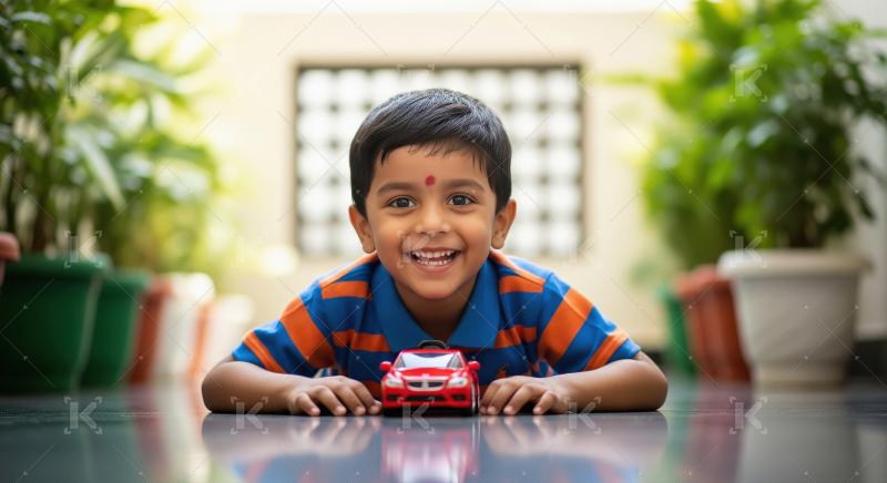 Happy Indian Boy Playing with Red Toy Car, Full of Joy