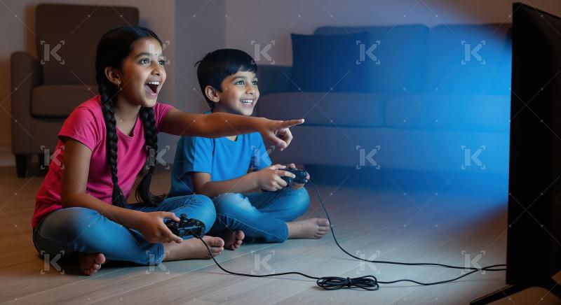 Excited Indian Kids Play Video Games in Living Room
