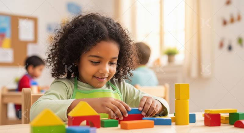 Happy Young Girl Playing with Colorful Wooden Blocks
