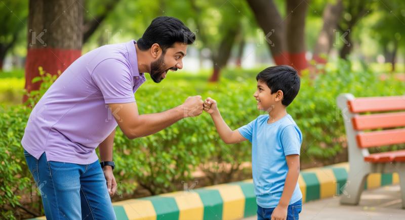 Happy Indian Father and Son Fist Bumping in Park