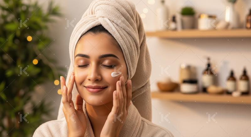 Woman applies cream, embracing her healthy skin routine
