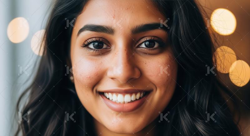Happy Young Woman with Dark Hair and Smiling Face