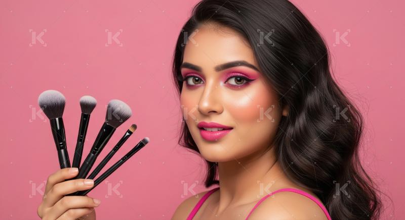 Beautiful Woman Showcasing Vibrant Pink Makeup and Brushes