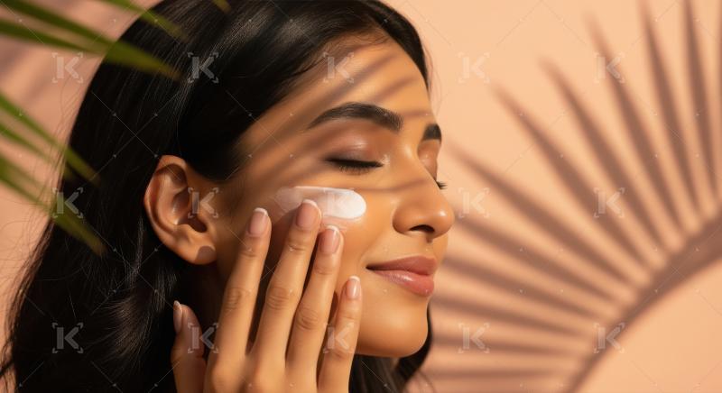 Calm Woman Applying Moisturizer with Palm Leaf Shadows.