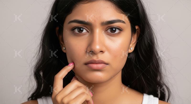 Young Indian woman with acne touching cheek, skin concern concep
