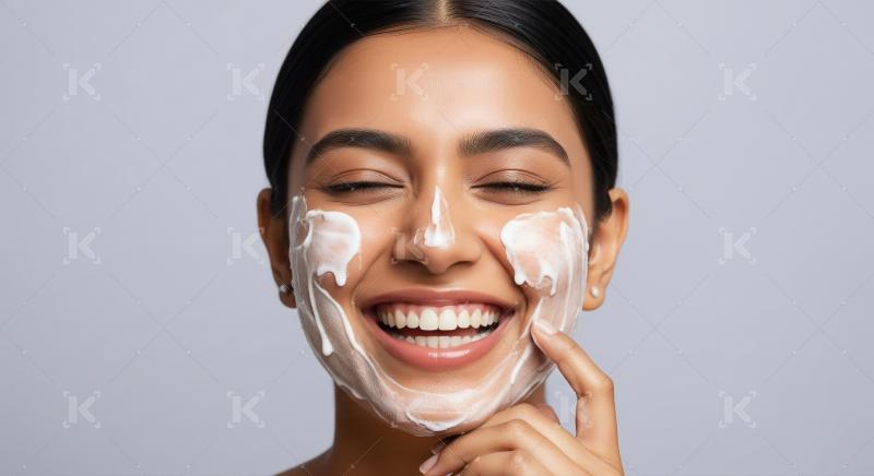 Joyful Young Woman with Foamy Face Skincare Routine