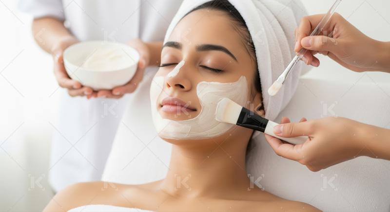 Woman enjoys relaxing facial mask application at beauty spa