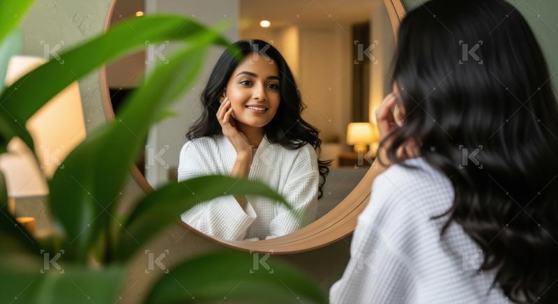 Beautiful Indian woman smiling, reflecting in mirror in bathrobe