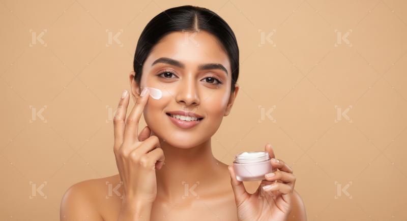 Beautiful Woman Applies Face Cream for Healthy Glowing Skin
