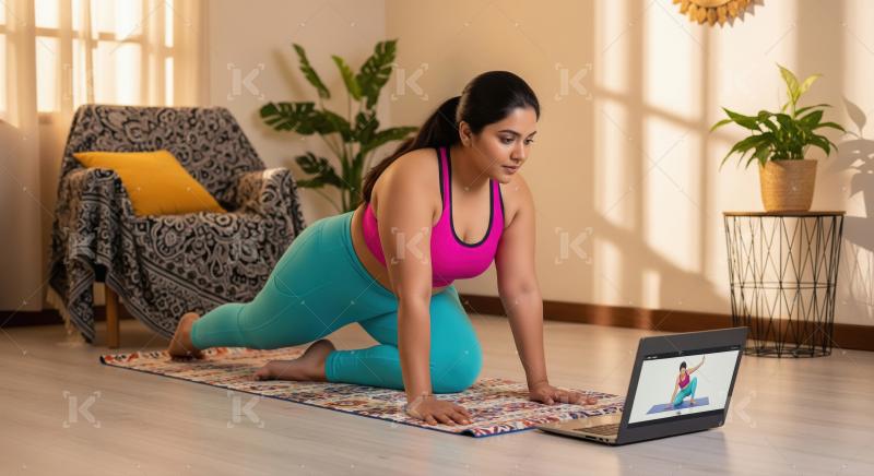 Young woman practicing yoga at home with online laptop class