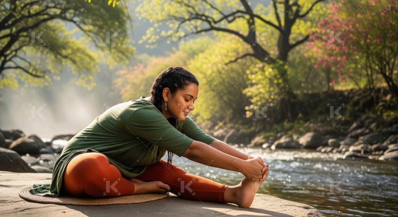 Woman practices yoga by river in serene natural setting