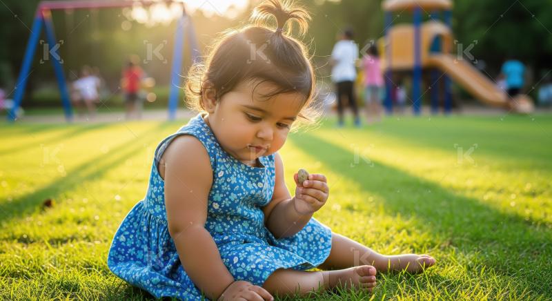Curious baby girl exploring grass in sunlit park at golden hour.