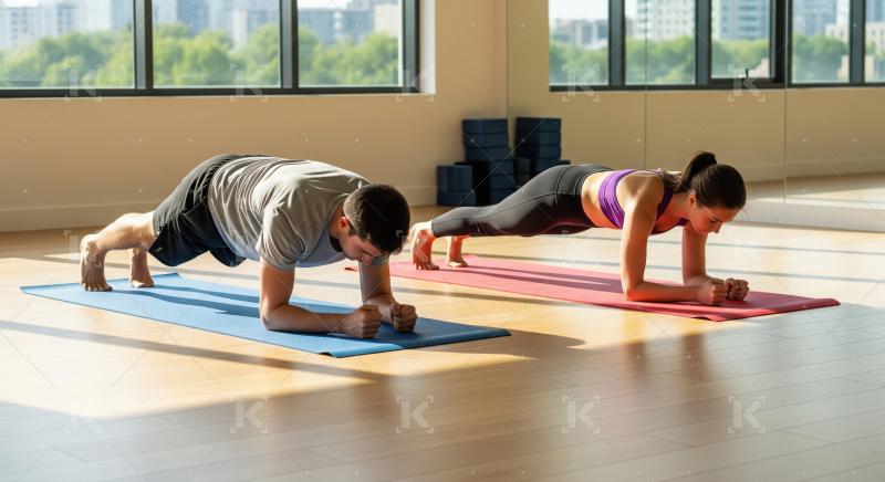 Man and woman hold plank pose in sunny fitness studio