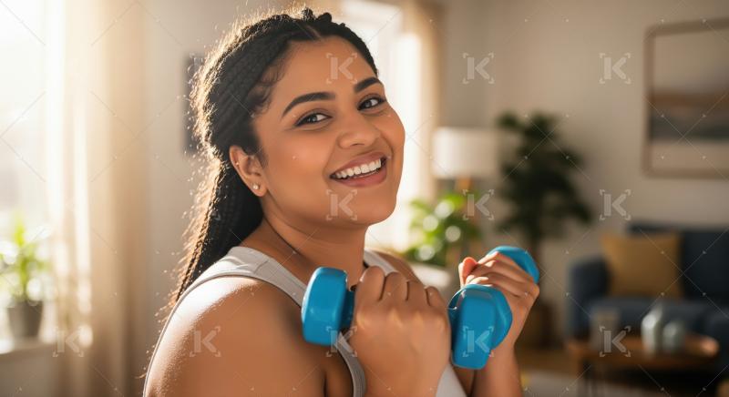 Happy young woman exercising with dumbbells at home