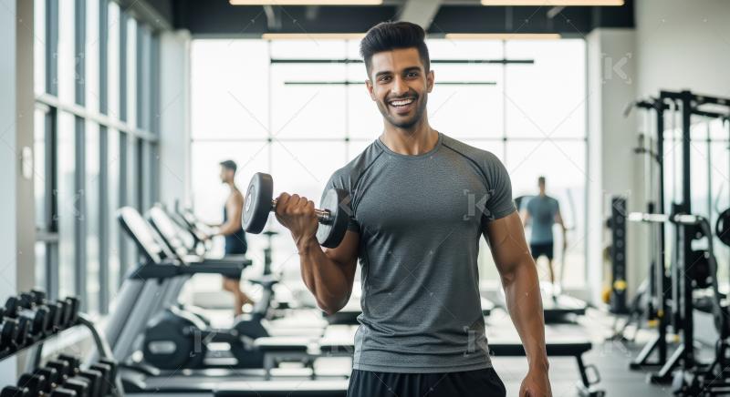 Fit Young Man Smiling, Lifting Dumbbell in Modern Gym
