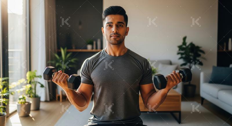 Young Man Strength Training with Dumbbells at Home