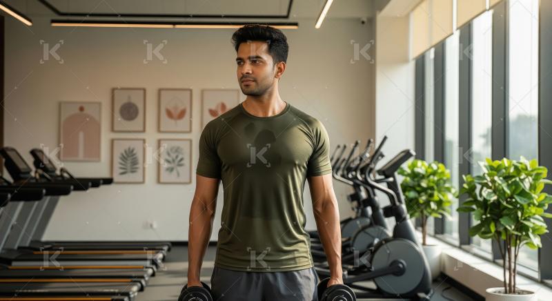 Young man exercising with dumbbells in a modern gym.