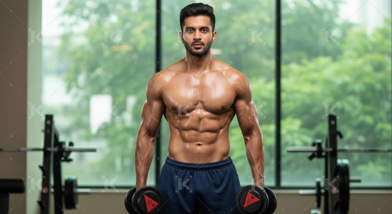 Muscular Man Holds Dumbbells in Gym, Intense Fitness Workout