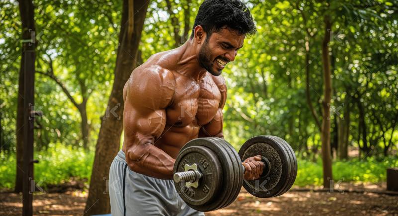 Intense Outdoor Bicep Workout by Muscular Man with Dumbbell