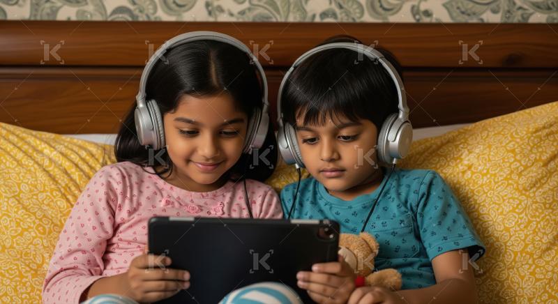 Young Indian siblings engrossed in tablet with headphones in bed