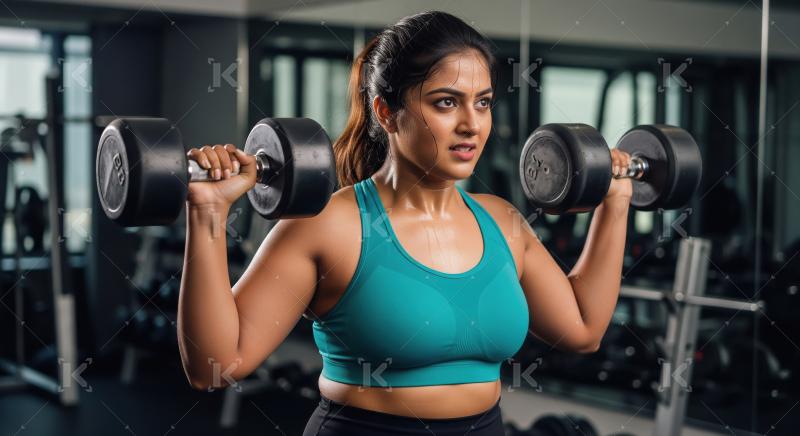Determined woman lifts dumbbells in a modern gym.