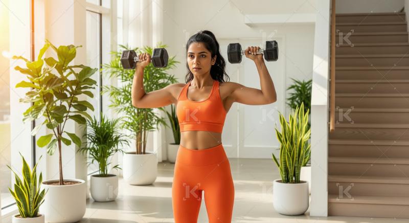 Fit Indian Woman Lifting Dumbbells Indoors, Focused on Strength