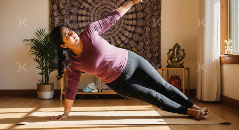 Young Woman Practices Side Plank Yoga Pose at Home