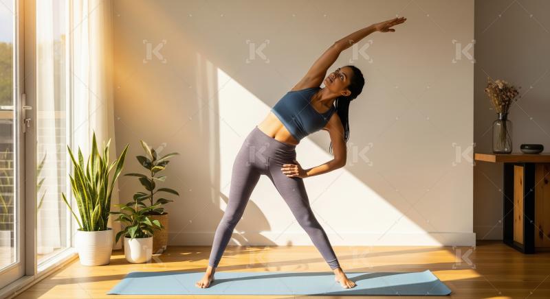 Young woman practicing yoga at home in warm sunlight